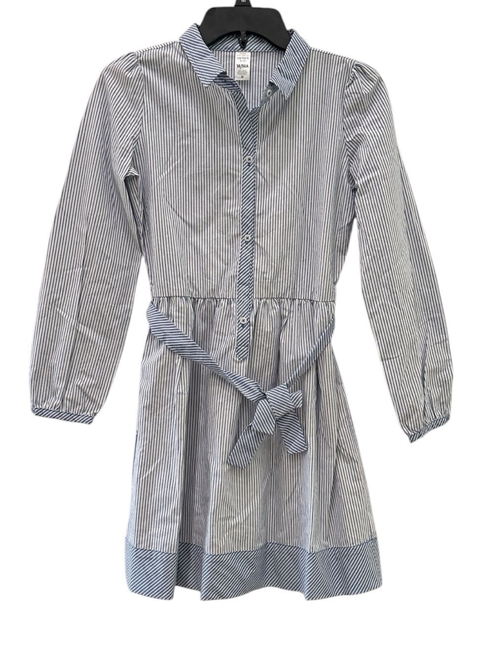 Carters Girls 14 Blue White Striped Button Down Shirt Dress Long Sleeve NWT